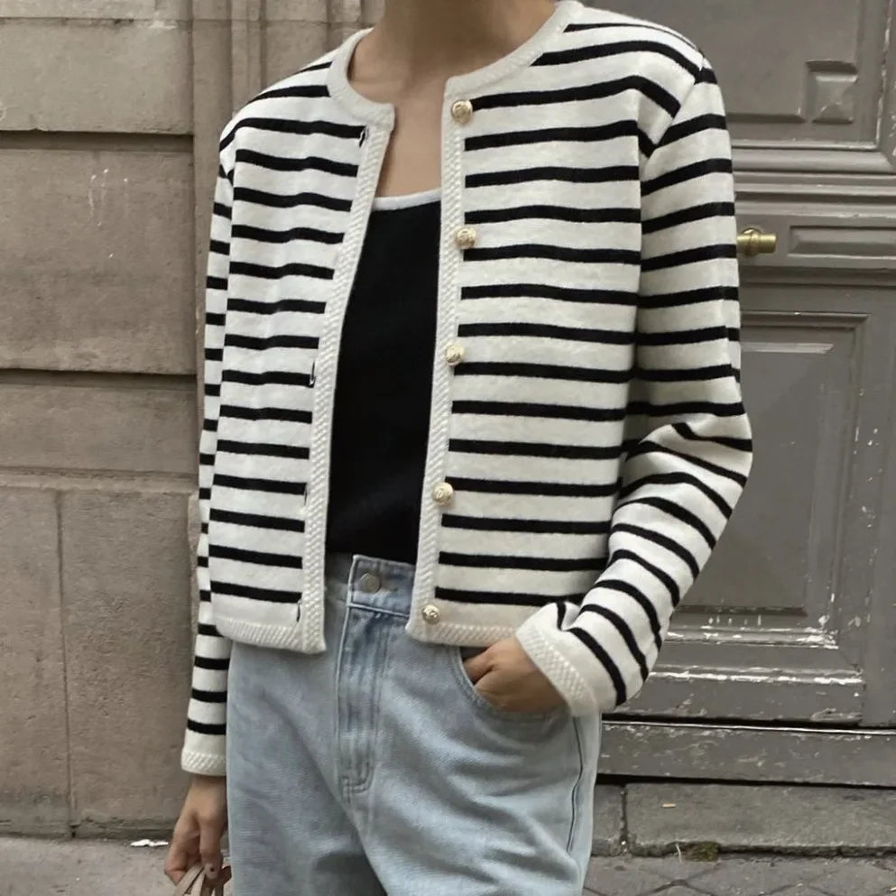 Chique 2-Delige Set Cardigan Met Strepen & Broekje