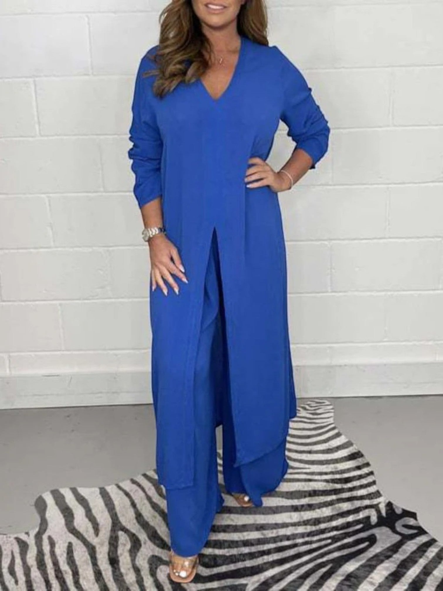 Casual Tweedelige Set Met V-hals En Lange Split