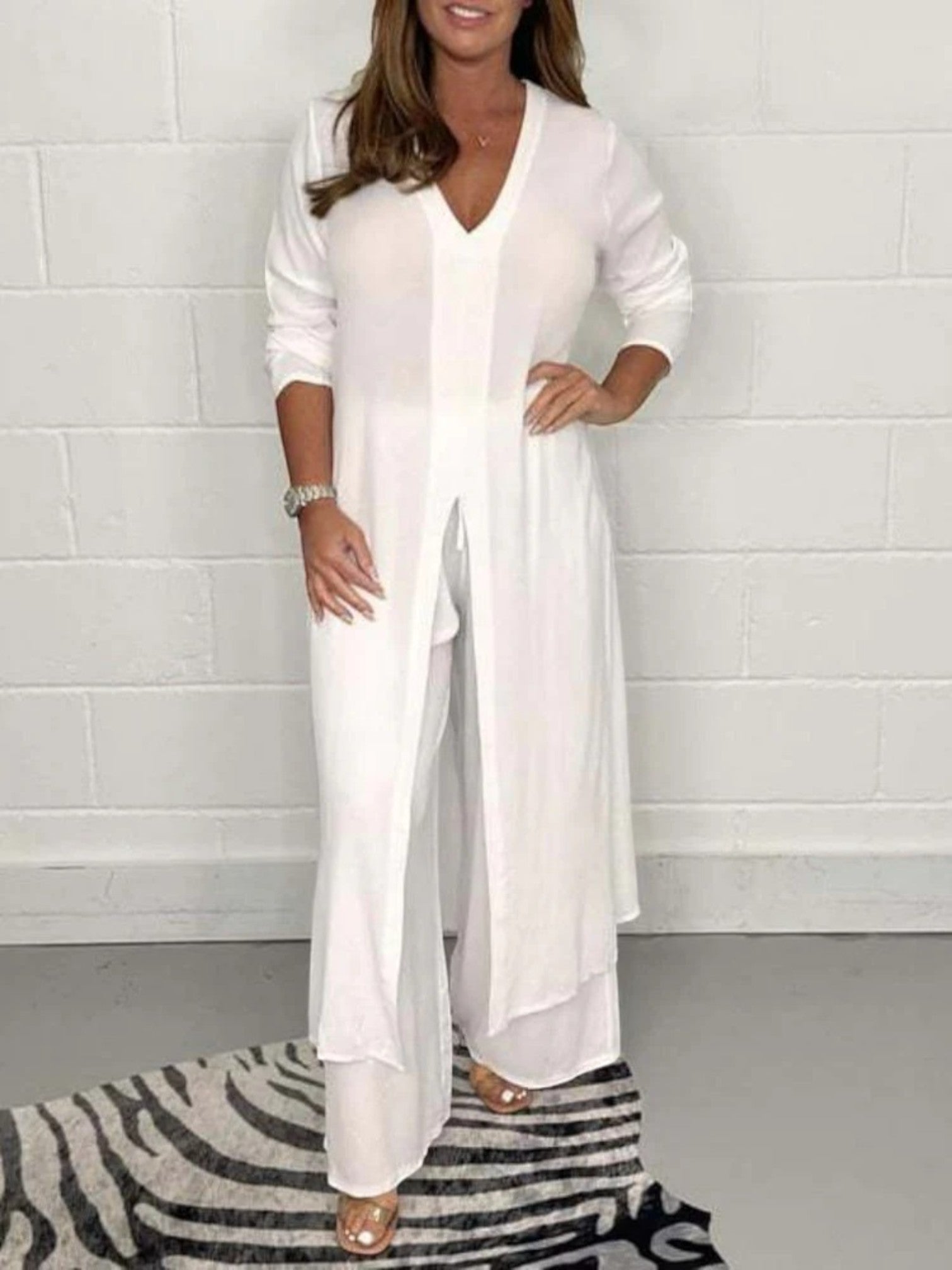 Casual Tweedelige Set Met V-hals En Lange Split