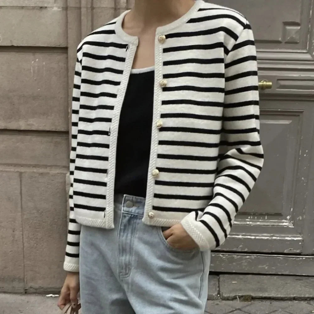 Chique 2-Delige Set Cardigan Met Strepen & Broekje