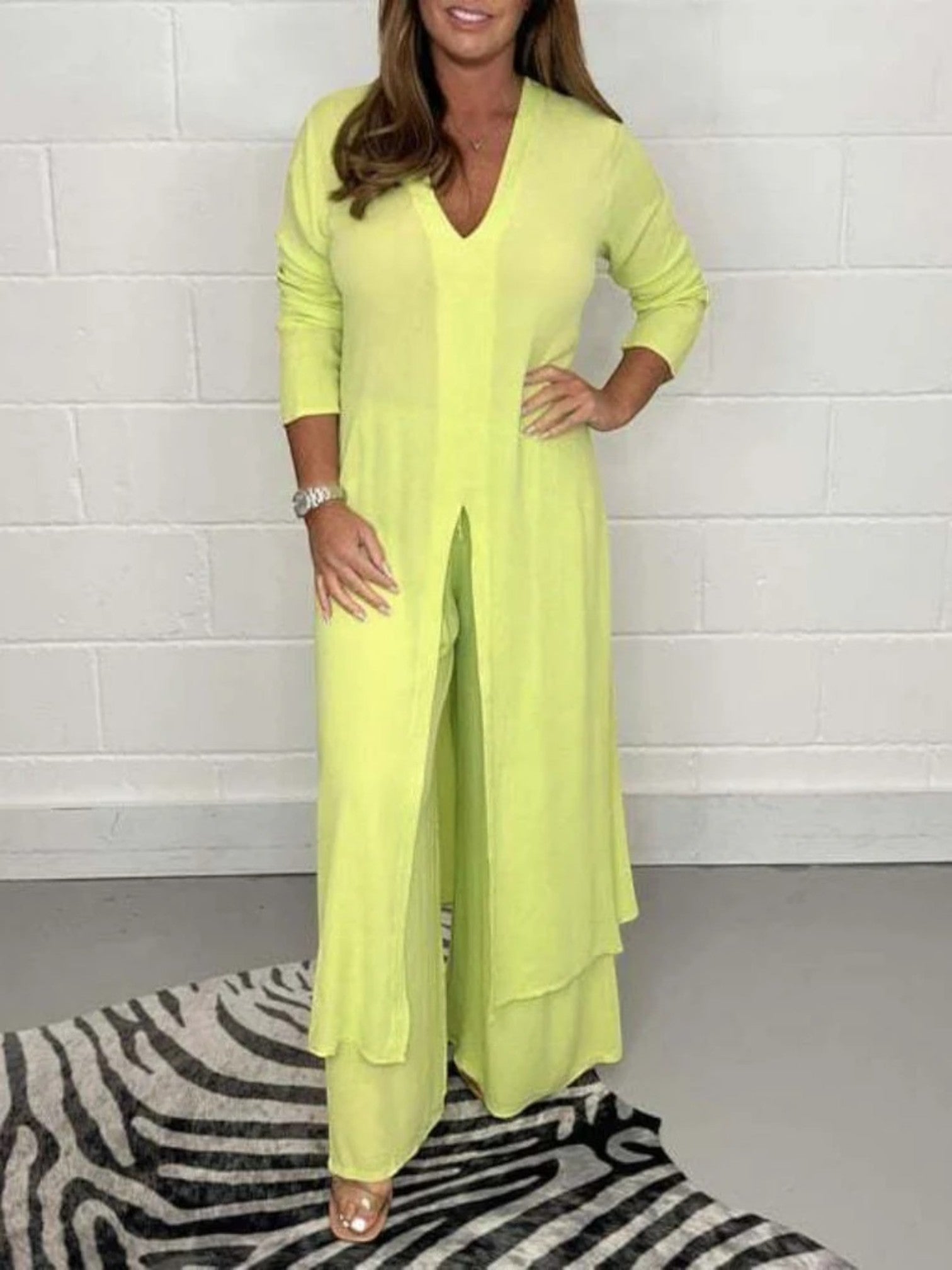 Casual Tweedelige Set Met V-hals En Lange Split
