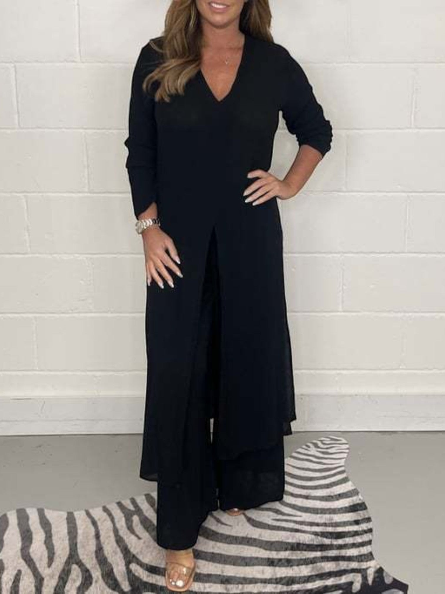Casual Tweedelige Set Met V-hals En Lange Split