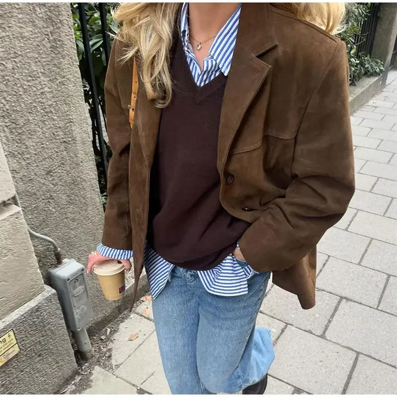 Suède Leren Blazer Bruin