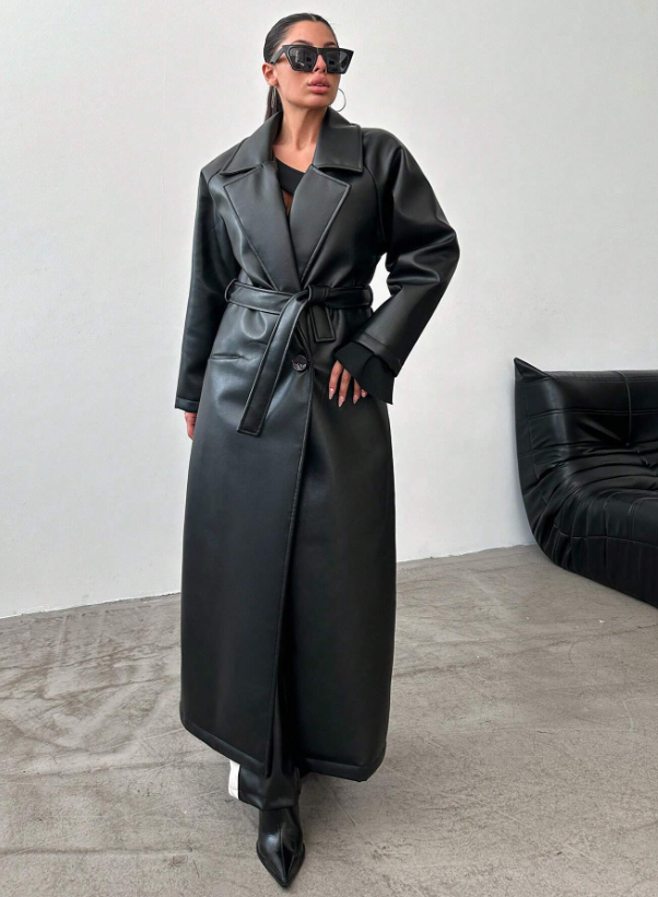 Klassieke Zwarte Leren Trenchcoat Jas Voor Dames - Femme