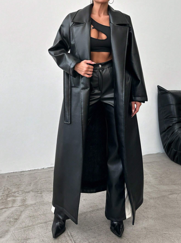 Klassieke Zwarte Leren Trenchcoat Jas Voor Dames - Femme