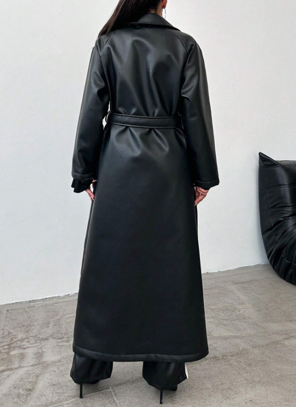 Klassieke Zwarte Leren Trenchcoat Jas Voor Dames - Femme