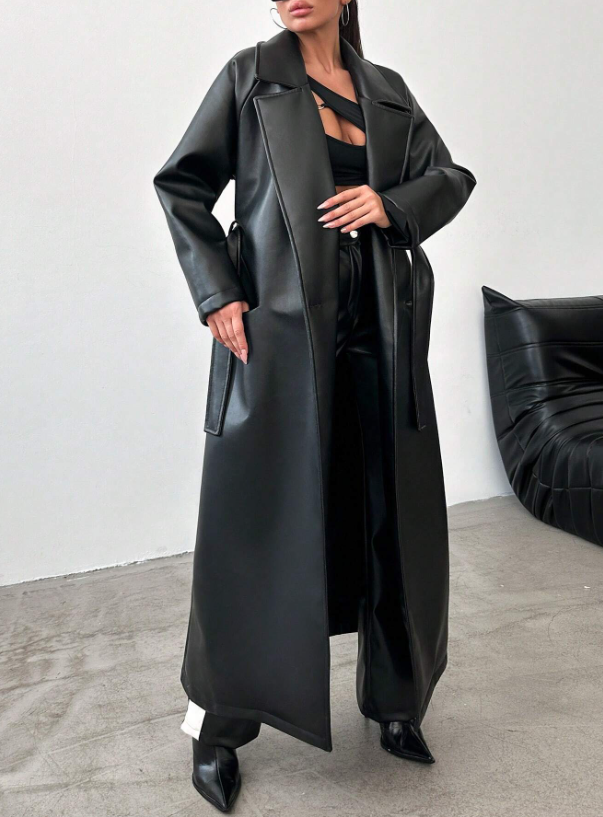 Klassieke Zwarte Leren Trenchcoat Jas Voor Dames - Femme
