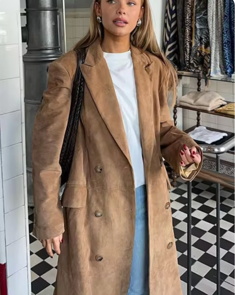 Elegante Suède Lange Trenchcoat Voor Dames - Blaire