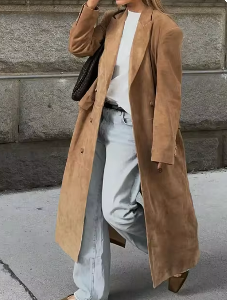 Elegante Suède Lange Trenchcoat Voor Dames - Blaire