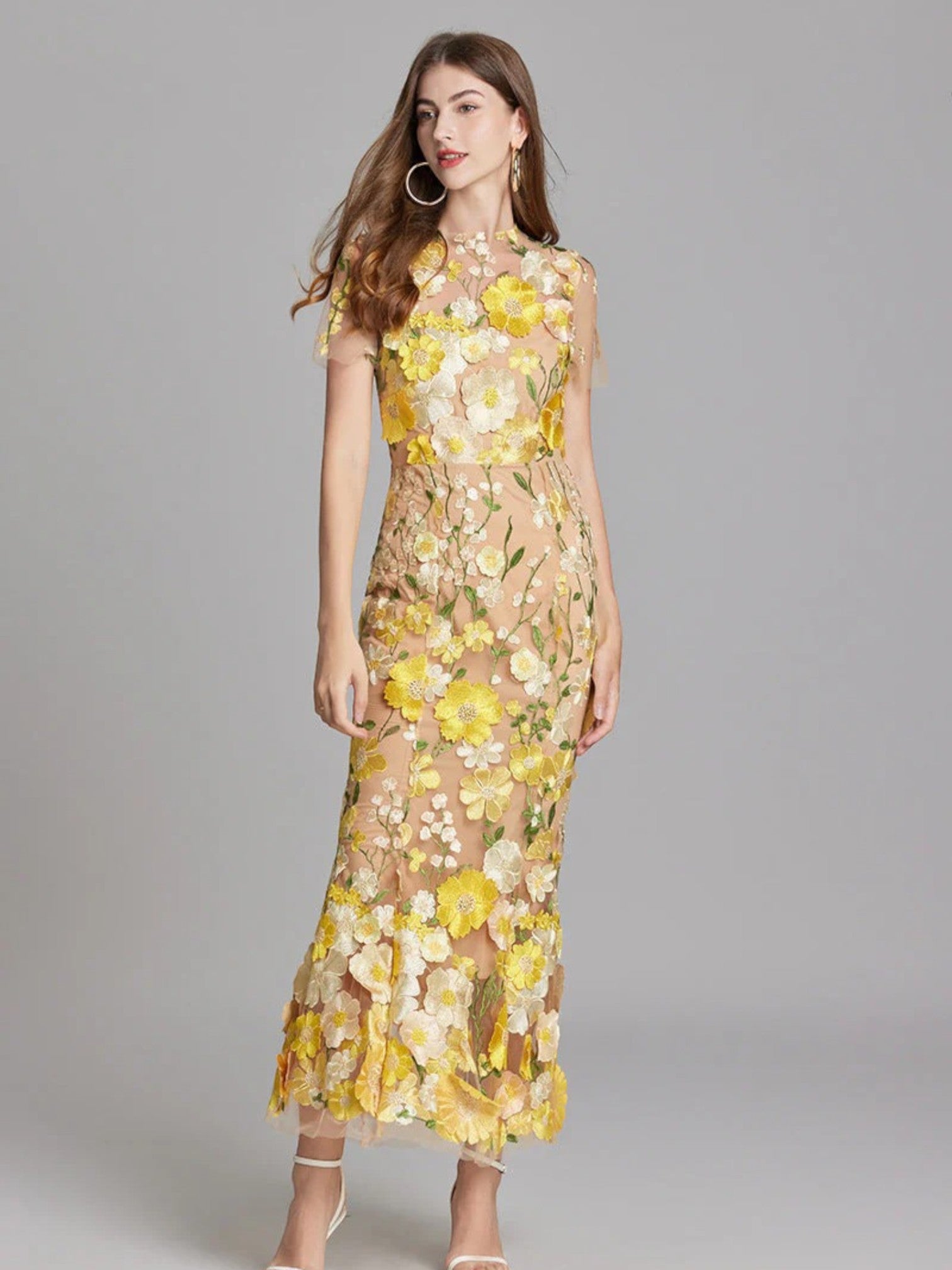 Claire | Bloemen Geborduurde Maxi Jurk