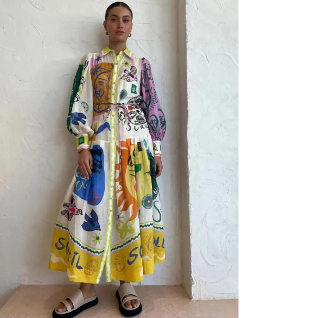 Zara - Lange Vintage Jurk Met Kleurrijke Print Dames