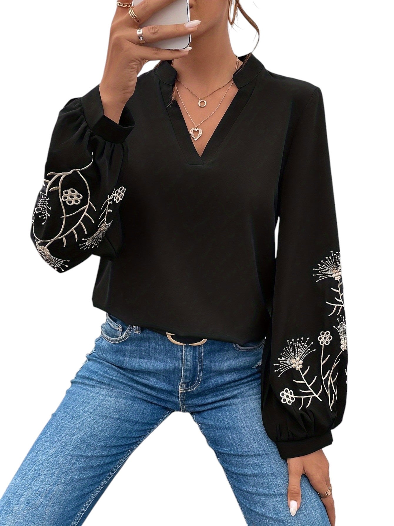 Geborduurde V-hals Blouse Met Lange Mouwen
