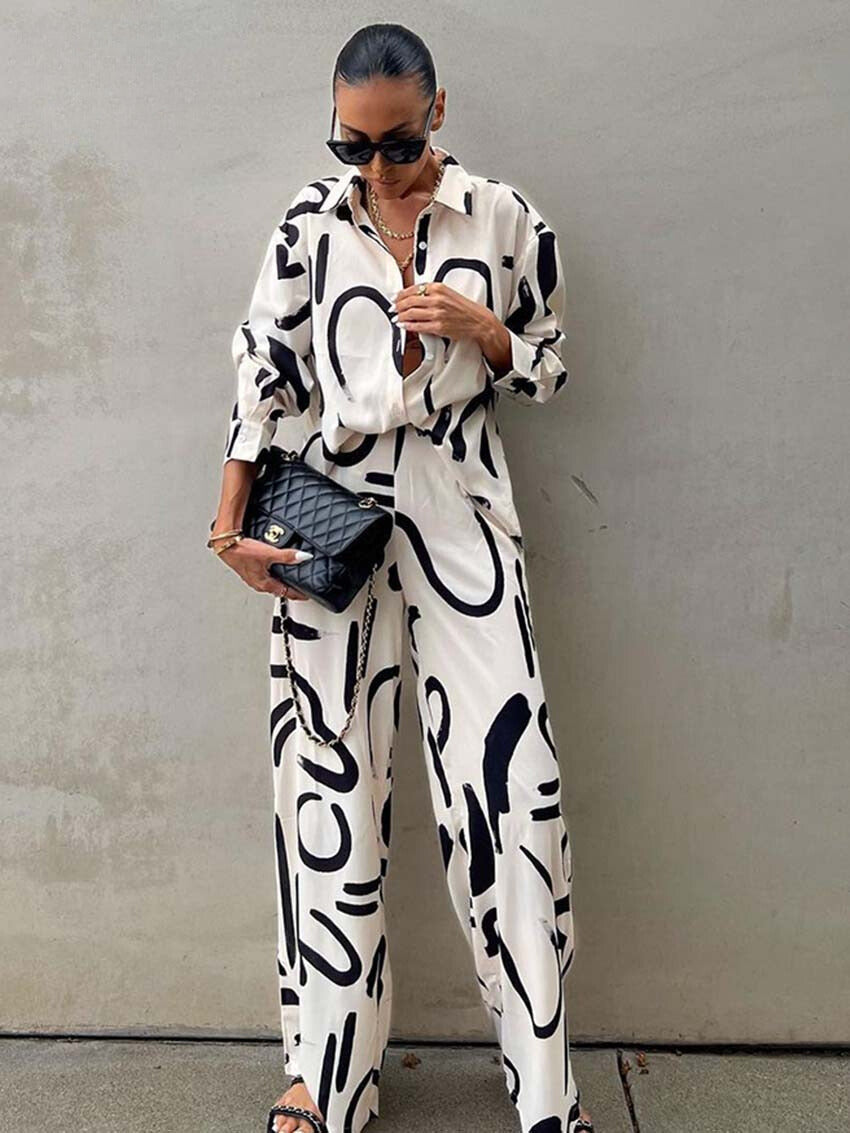 2-Delige Zomer Set Blouse & Broek Met Print