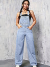 mouwloze denim overall met wijde pijp