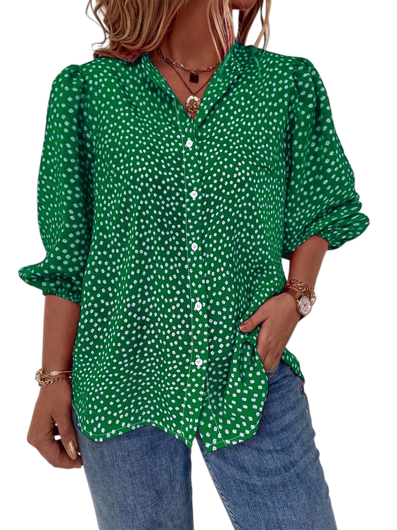 Dames Bloemenprint Blouse Met V-hals en Lange Mouwen