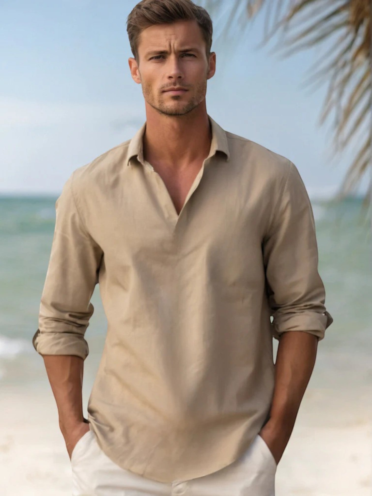 David | Linnen Zomer Shirt Met V-hals - Lange Mouwen