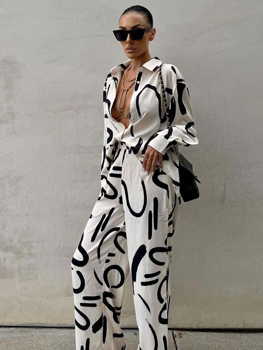 2-Delige Zomer Set Blouse & Broek Met Print