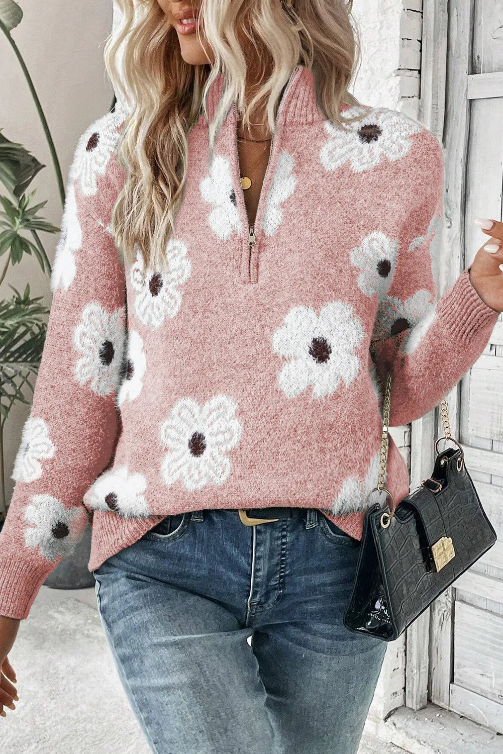 Zachte Sweater Met Halve Rits & Bloemenprint - Anna