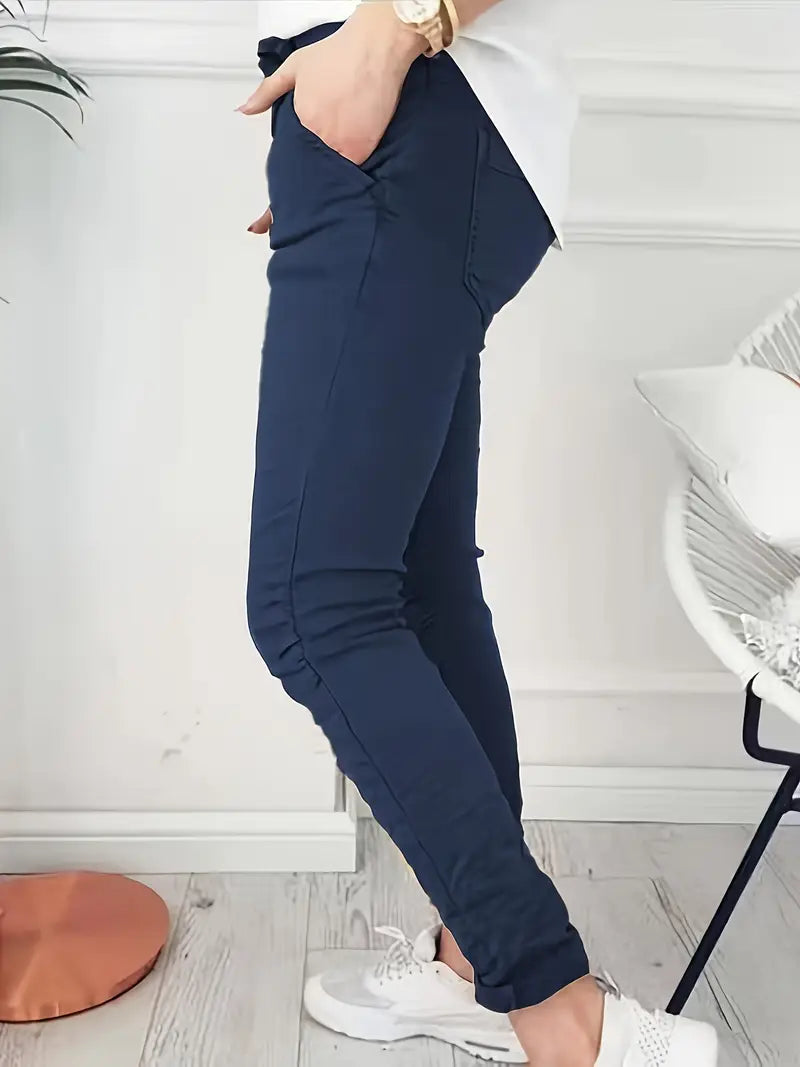 Rekbare Casual Damesbroek – Hoge Taille, Trekkoord & Zakken