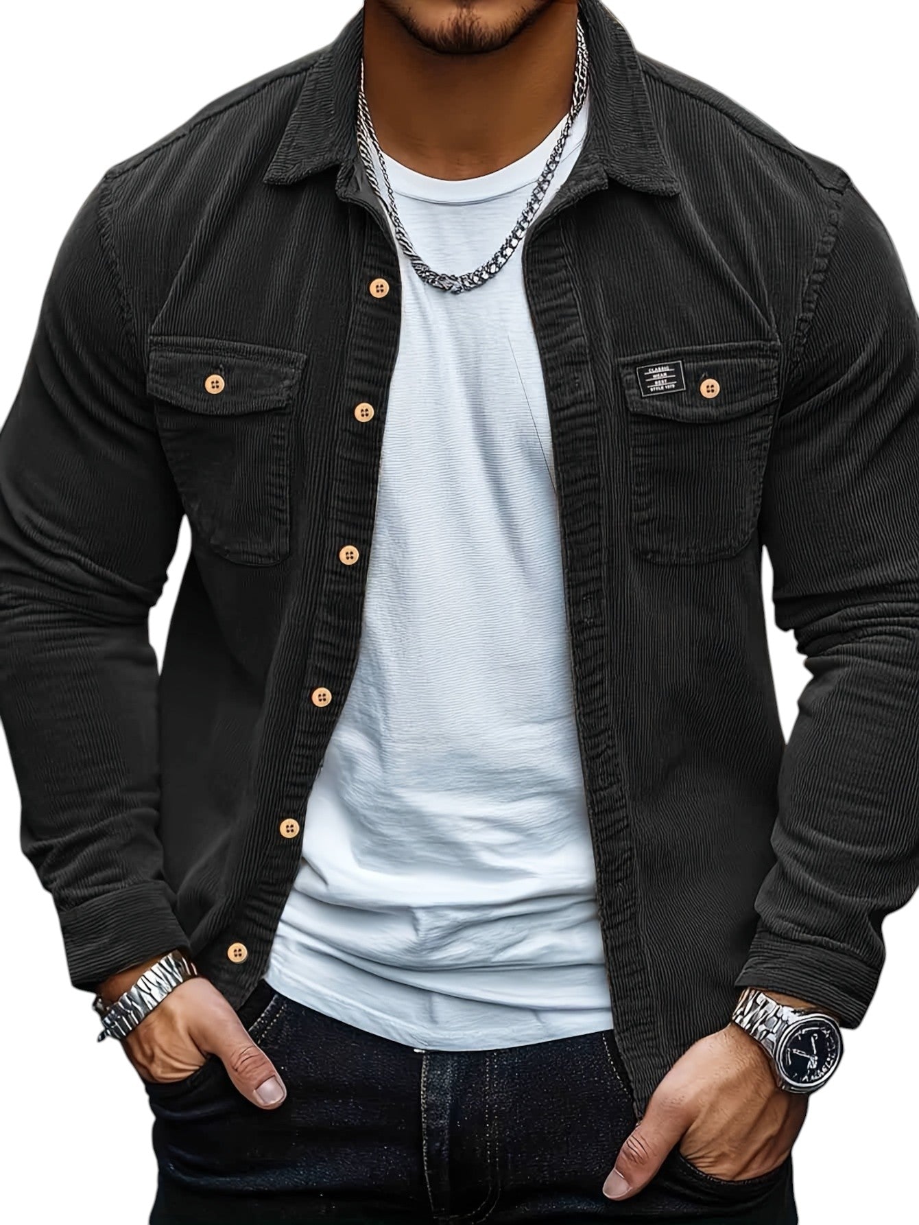 Heren Casual Katoenen Overhemd – Regular Fit, Reverskraag, Voorzakken