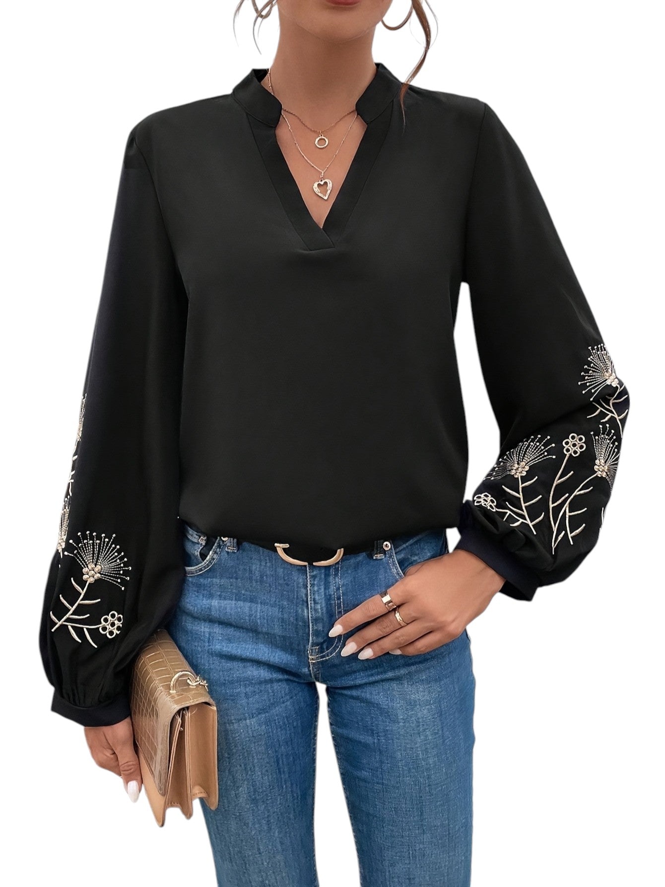 Geborduurde V-hals Blouse Met Lange Mouwen