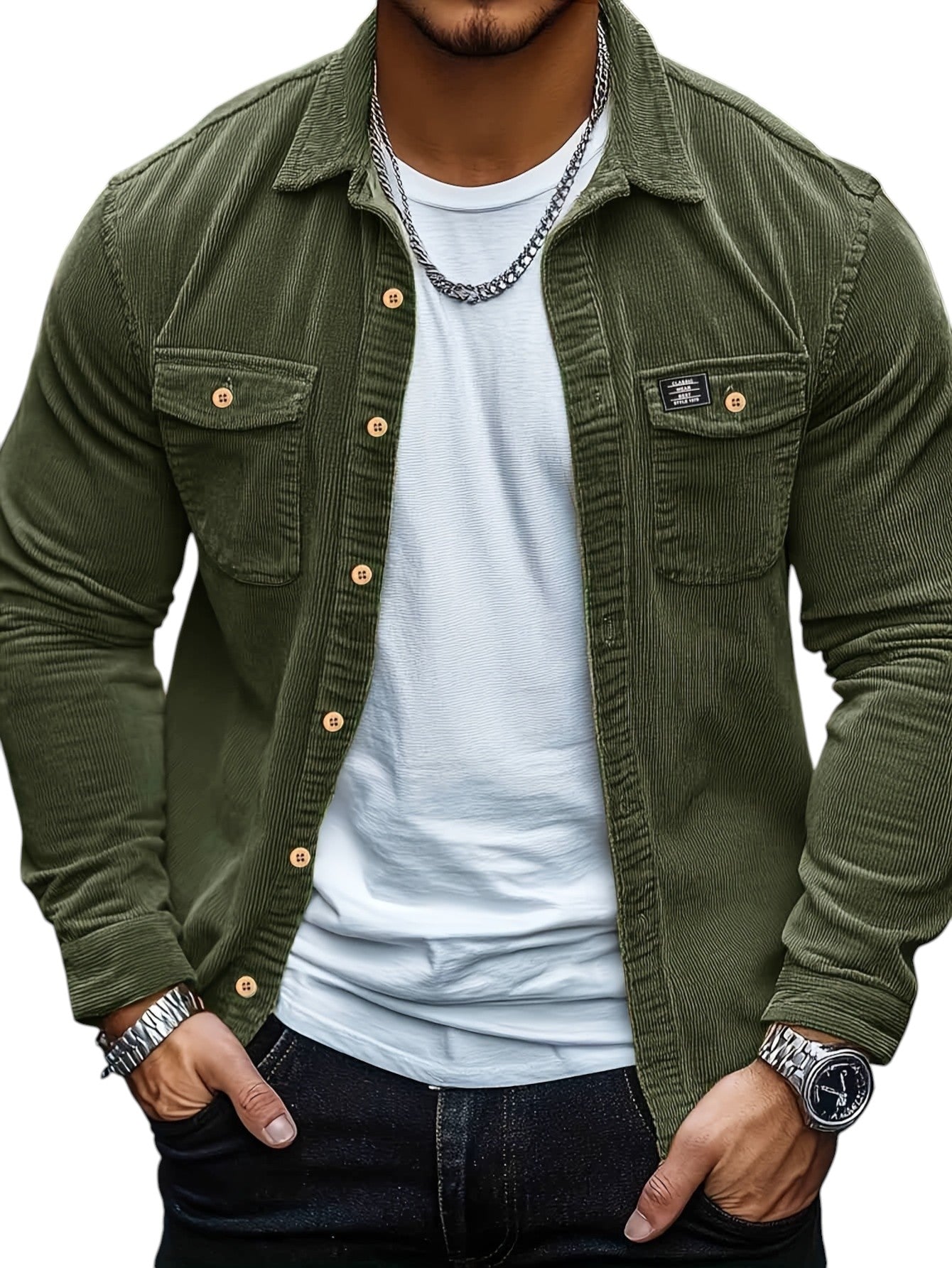 Heren Casual Katoenen Overhemd – Regular Fit, Reverskraag, Voorzakken