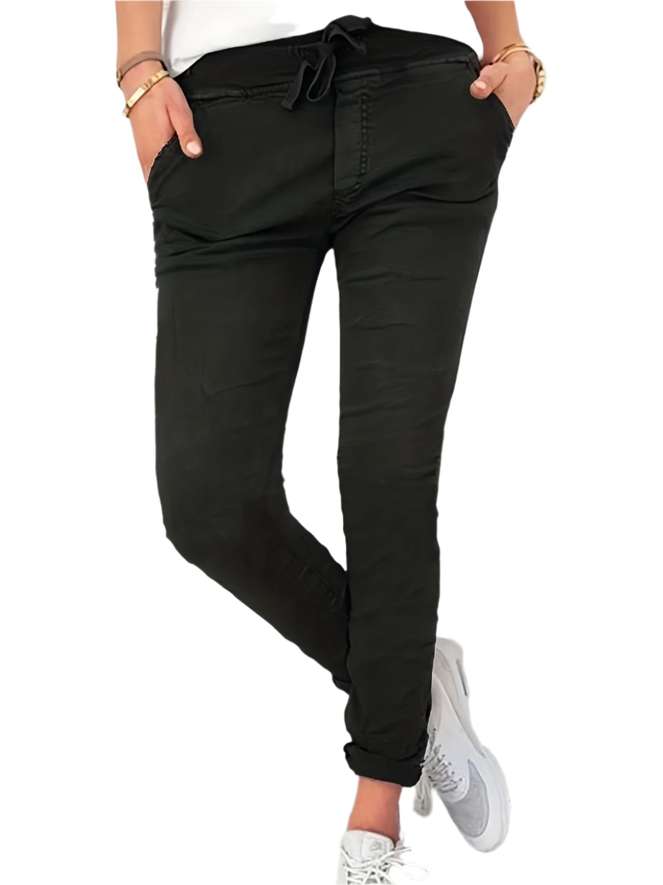 Rekbare Casual Damesbroek – Hoge Taille, Trekkoord & Zakken