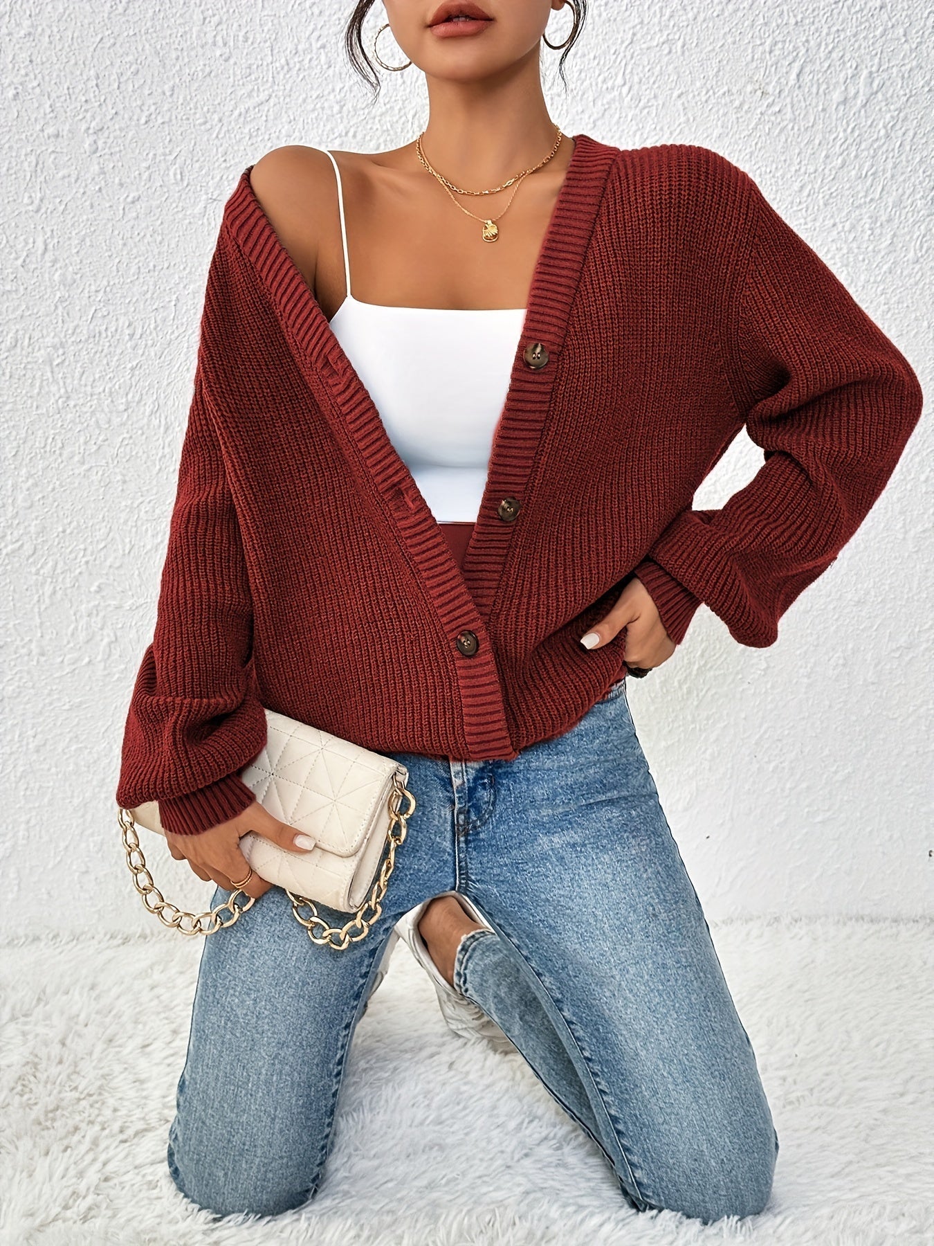 Gebreid Los Cardigan Vest Met Knopen - Verbeek
