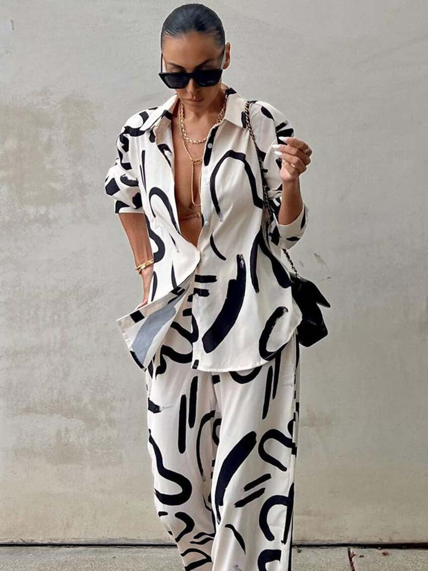 2-Delige Zomer Set Blouse & Broek Met Print