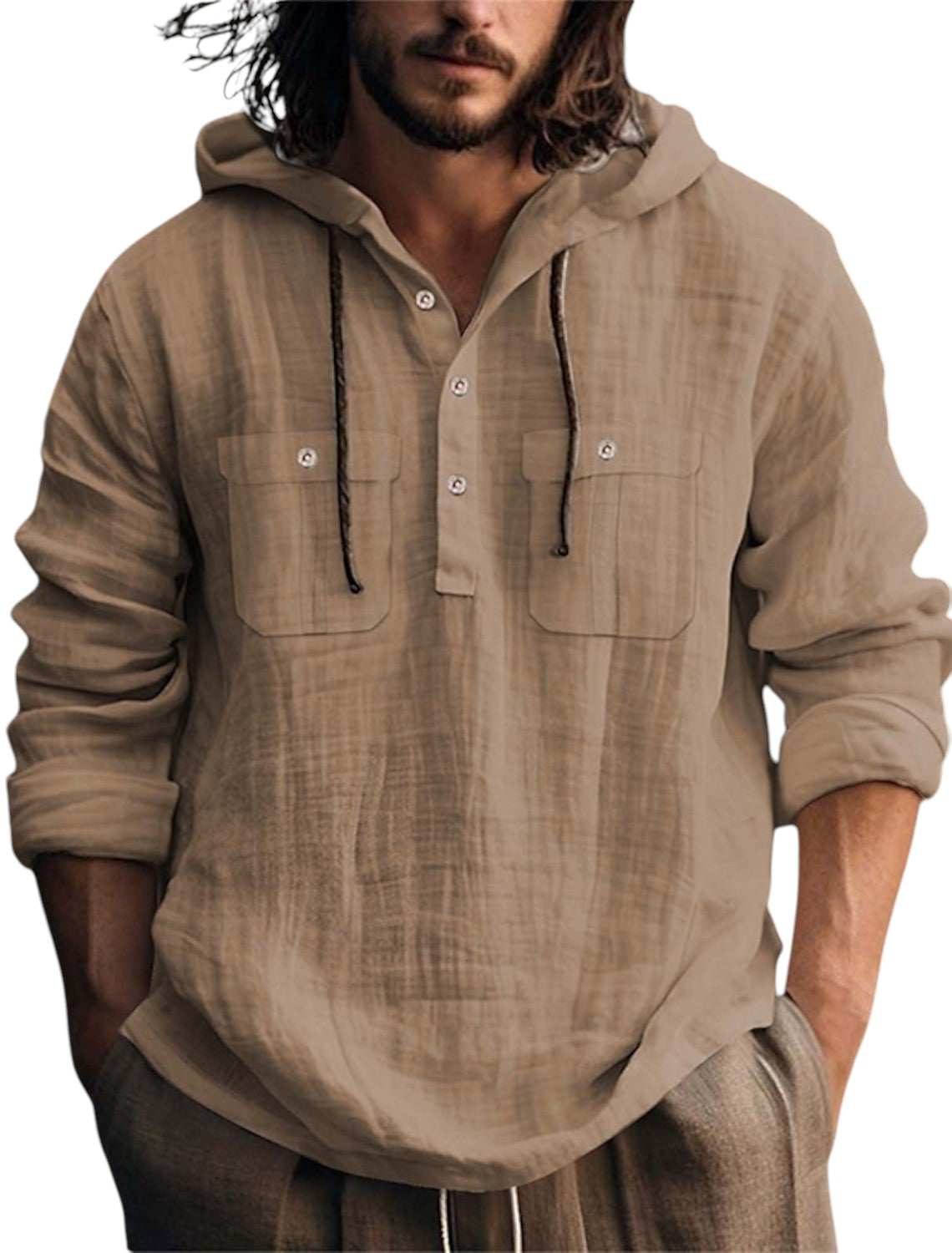 Linnen Shirt Met Lange Mouwen en Capuchon