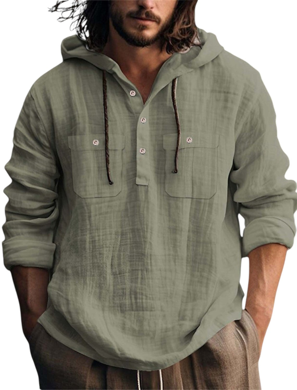 Linnen Shirt Met Lange Mouwen en Capuchon
