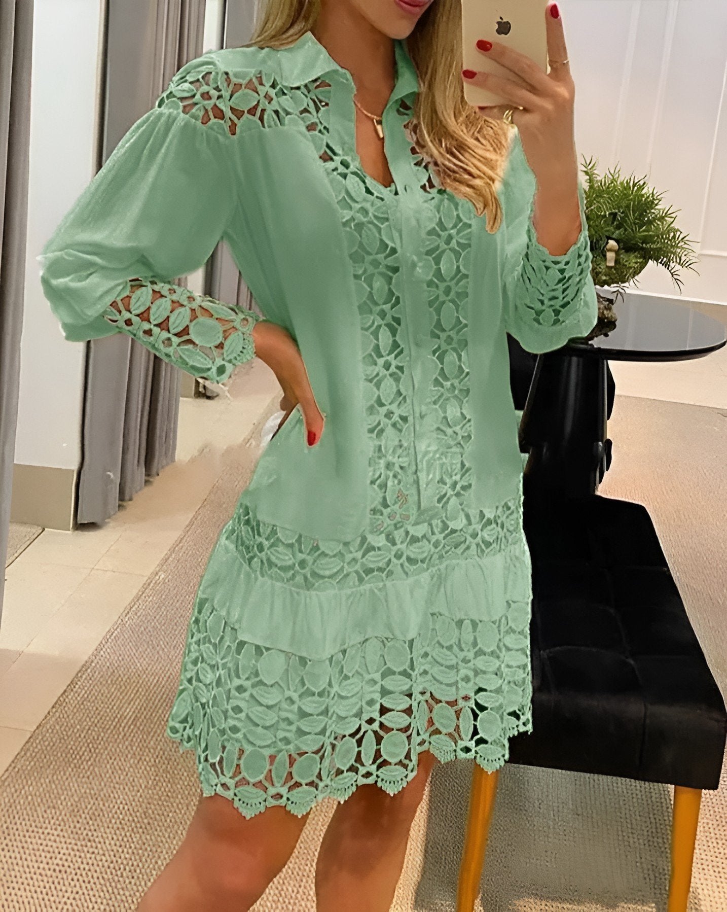 Chique Blouse Jurk Met Patronen & Gepofte Mouwen
