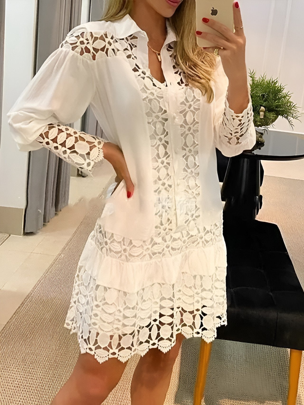 Chique Blouse Jurk Met Patronen & Gepofte Mouwen