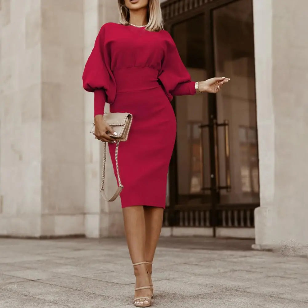 Midi Jurk Met Pofmouwen - Romea
