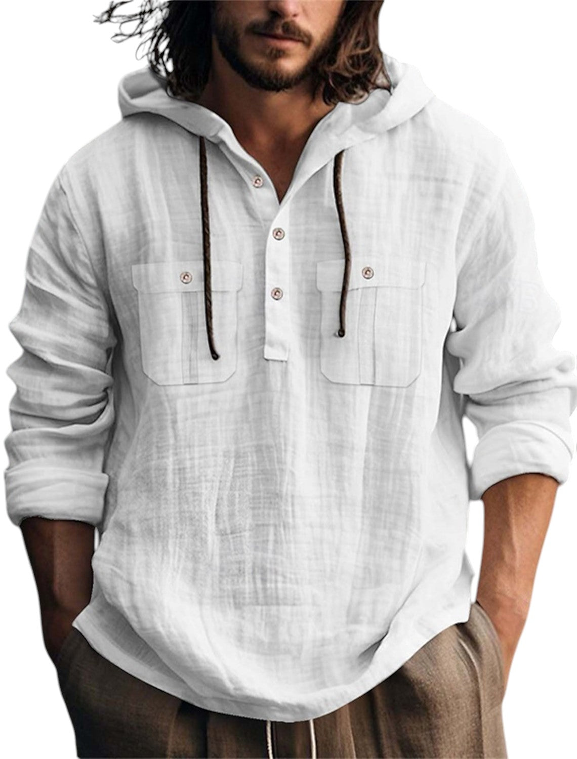 Linnen Shirt Met Lange Mouwen en Capuchon