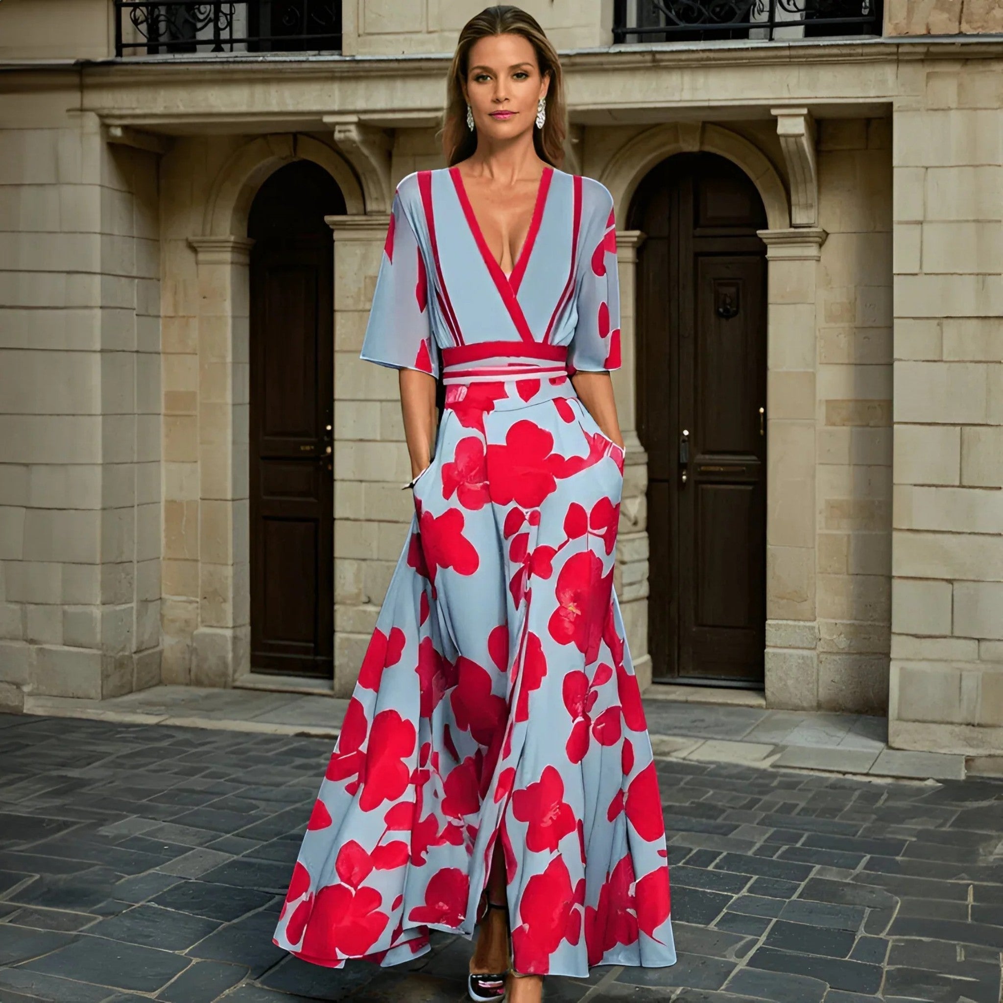 Ayla | Vrouwen Bloemen V-Hals Jurk | Maxi